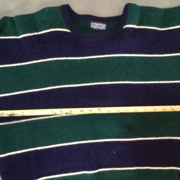 LandsEnd 100% English Wool Navy sweater with green horizontal stripes - Picture 3 of 5